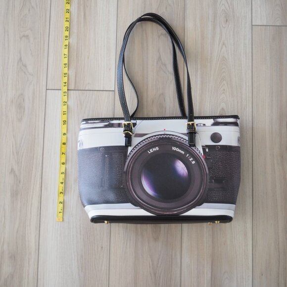 Elevated Indie Camera Lens Print Tote Bag with Zipper top, pockets metal feet - Picture 3 of 11